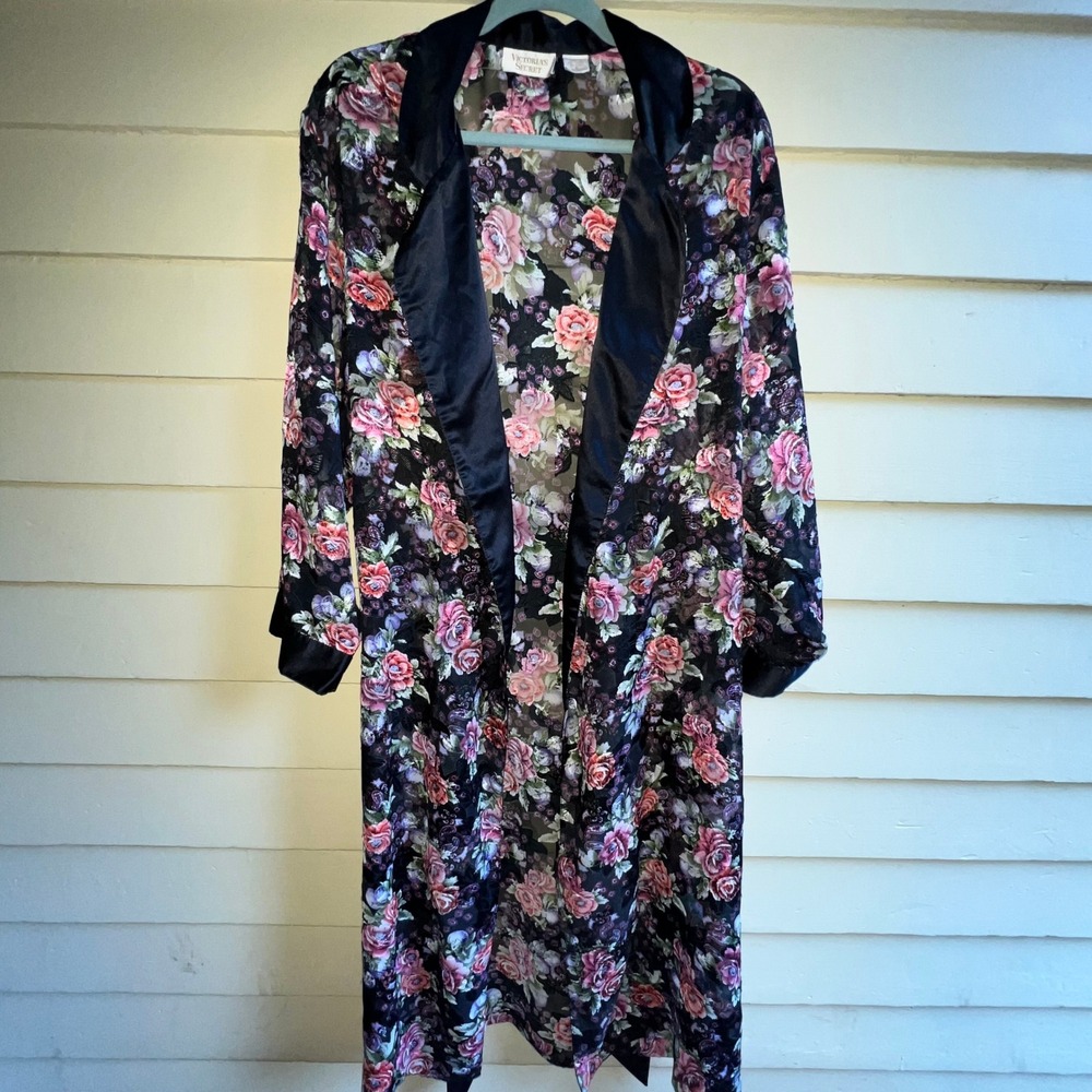 VICTORIA'S SECRET Gold Label Vintage 80's Black Floral Semi-sheer Robe